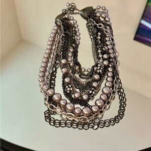 Beautiful grey pearl, chain, rhinestone, layered adjustable necklace